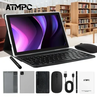 ATMPC 10.1 بوصة لنظام Android 14، 4GB ذاكرة الوصول العشوائي، 128GB ذاكرة ROM، ثماني النواة، BT 5.4، WIFI 6، شاشة IPS 1280*800، مع لوحة مفاتيح، ماوس، حافظة، قلم 2 في 1، كمبيوتر لوحي ATMPC