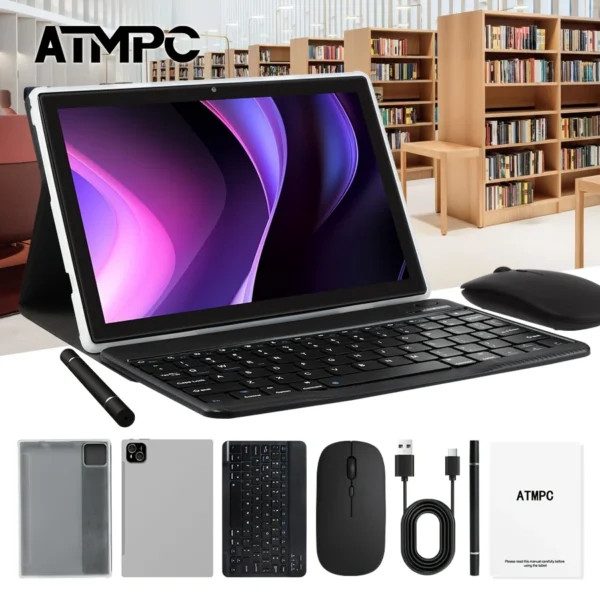 ATMPC 10.1 بوصة لنظام Android 14، 4GB ذاكرة الوصول العشوائي، 128GB ذاكرة ROM، ثماني النواة، BT 5.4، WIFI 6، شاشة IPS 1280*800، مع لوحة مفاتيح، ماوس، حافظة، قلم 2 في 1، كمبيوتر لوحي ATMPC