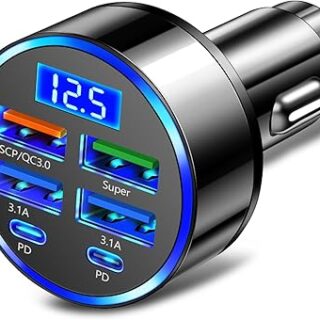 شاحن سيارة سريع بـ 6 منافذ مع مراقب الجهد الكهربائي، شاحن USB لولاعة السجائر في السيارة (PD+QC3.0) متوافق مع ايفون 13/14/15 ومعظم موديلات اندرويد، يجب أن يكون لدى السيارة شاحن سيارة USB C (قطعة واحدة)