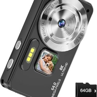 كاميرا رقمية، كاميرا رقمية، كاميرا رقمية 4K 4K بدقة 64 ميجابكسل ذات تركيز تلقائي 64 ميجابكسل للتصوير والتصوير للمراهقين مع بطاقة 64 جيجابايت، كاميرا فيديو مدمجة مضادة للاهتزاز بتقنية التكبير 18X للطلاب الأولاد الأولاد البنات المبتدئين - أسود