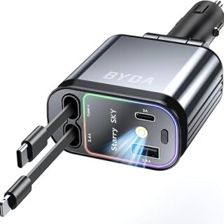 شاحن سيارة USB C قابل للسحب 4 في 1، 69 واط مع ضوء نجوم، شحن سريع لايفون 16/15/14/13/12، ايباد، ايربودز، اندرويد، سامسونج جالاكسي، بيكسل، محول ولاعة السجائر (لايتنينغ+USB-C)
