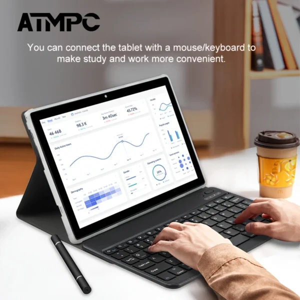 ⁦ATMPC 10.1 بوصة لنظام Android 14، 4GB ذاكرة الوصول العشوائي، 128GB ذاكرة ROM، ثماني النواة، BT 5.4، WIFI 6، شاشة IPS 1280*800، مع لوحة مفاتيح، ماوس، حافظة، قلم 2 في 1، كمبيوتر لوحي ATMPC⁩ - الصورة ⁦2⁩