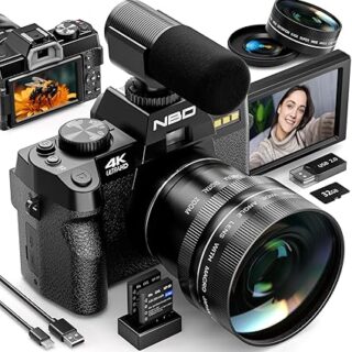 كاميرات رقمية للتصوير الفوتوغرافي، كاميرات تسجيل فيديو 4K لليوتيوب، كاميرات رقمية للسفر والتقاط الصور الفوتوغرافية مع شاشة قابلة للطي 180 درجة، تقريب رقمي 16X، عدسة ماكرو 52 ملم، بطاريتان (اسود)